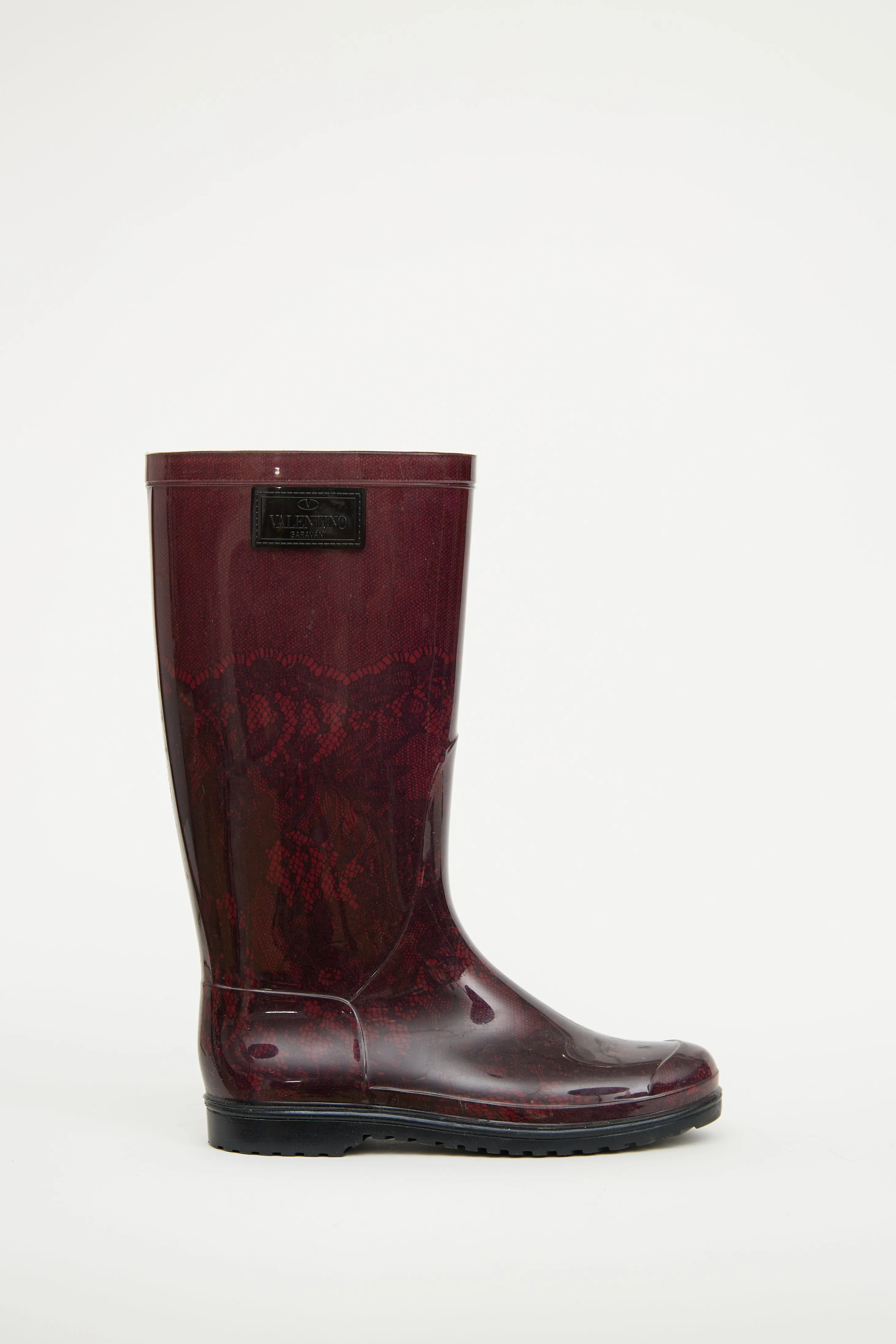 Black & Burgundy Lace Print Rain Boot
