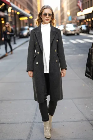 Black Peak Lapel Double Breasted Slim Fit Long Women Coat