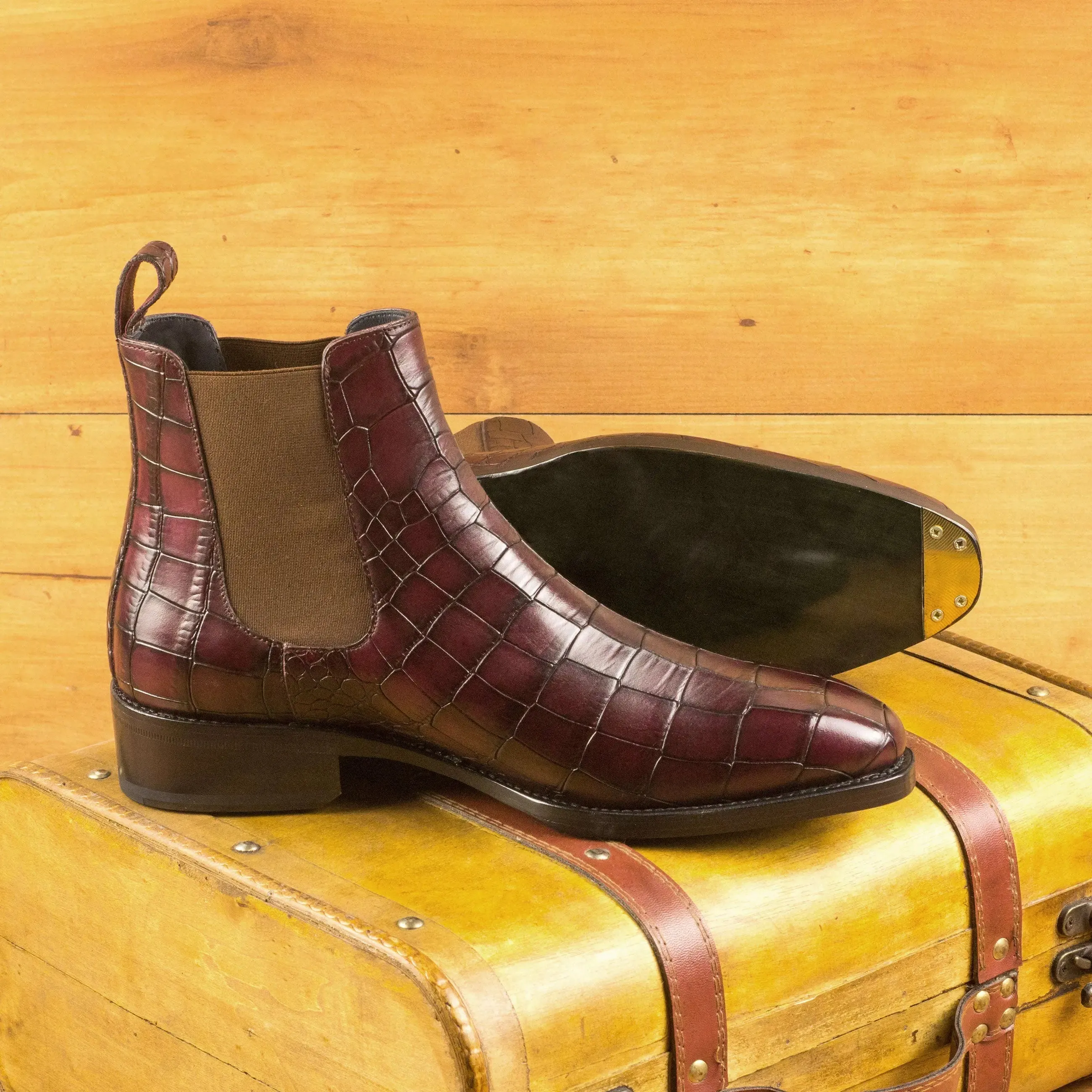 DapperFam Monza in Burgundy Men's Italian Croco Embossed Leather Chelsea Boot