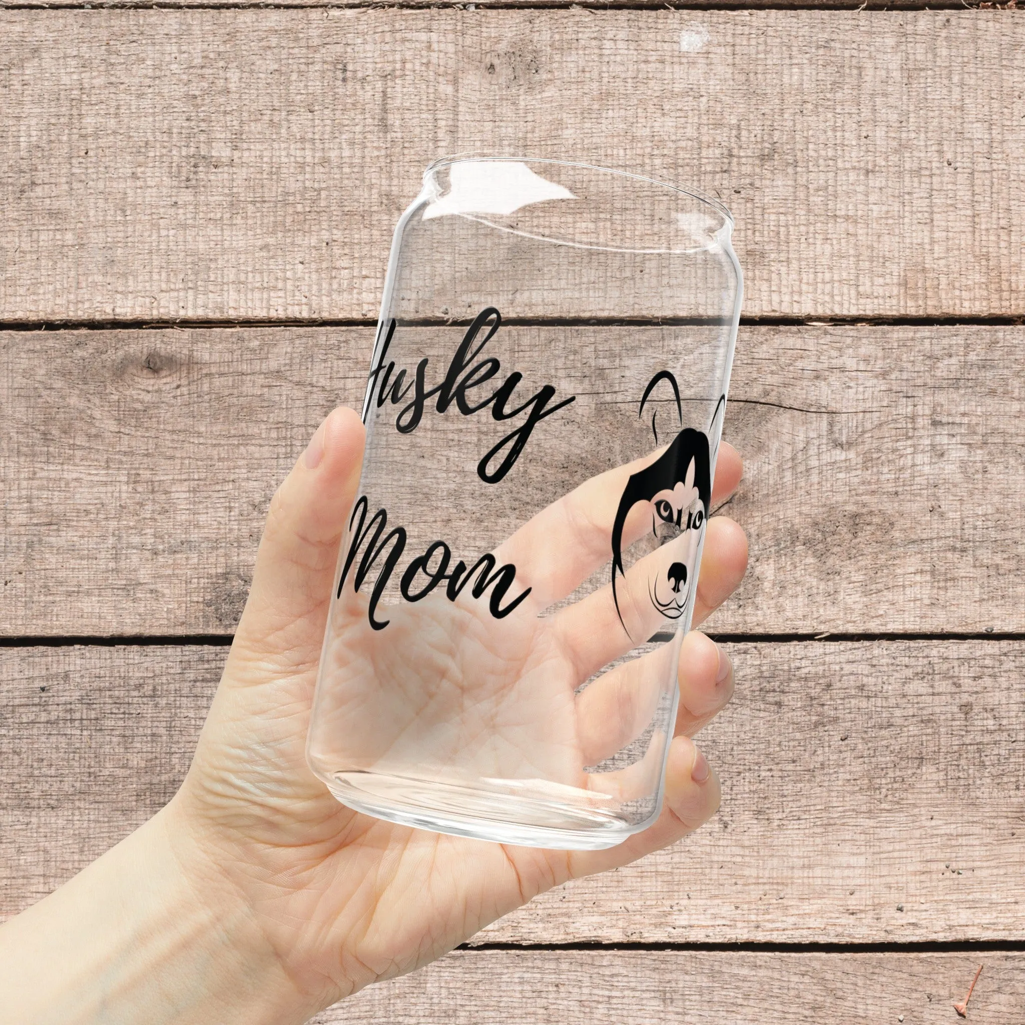 Husky Dog Mom on Glass Tumbler with Lid and Straw 16oz Gift for Dog Lover, Husky Dog Mom, Eco Friendly, Reusable Cup