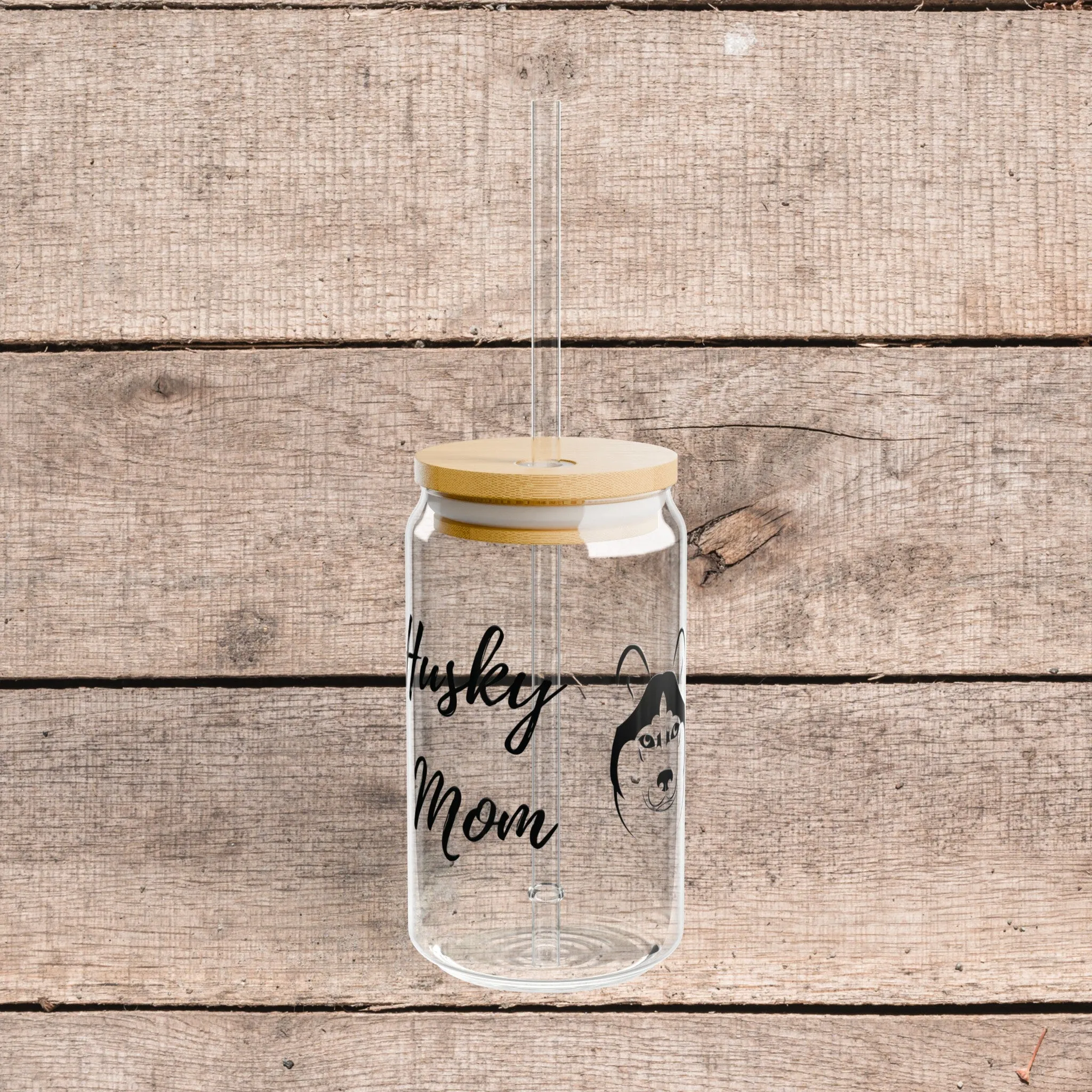 Husky Dog Mom on Glass Tumbler with Lid and Straw 16oz Gift for Dog Lover, Husky Dog Mom, Eco Friendly, Reusable Cup