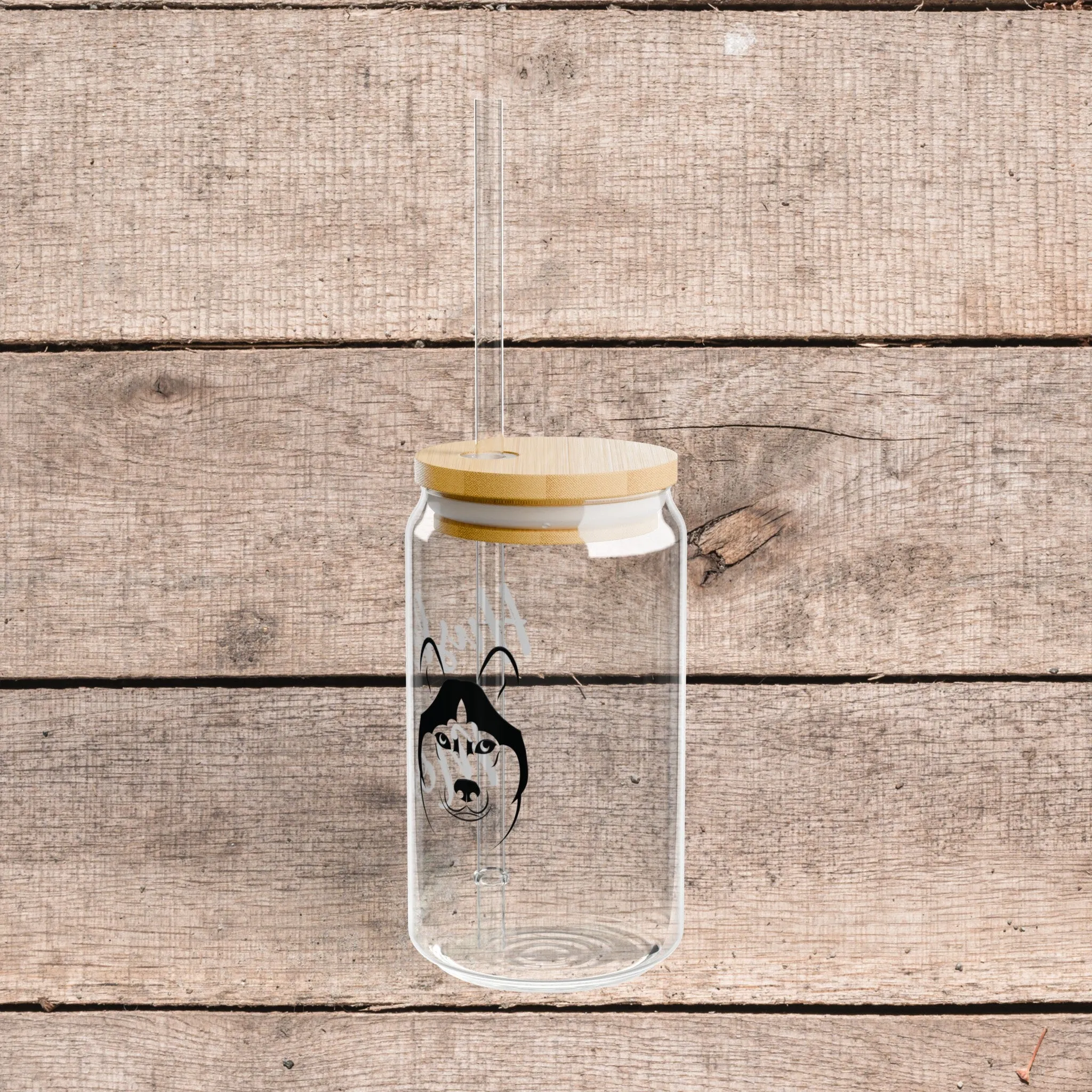 Husky Dog Mom on Glass Tumbler with Lid and Straw 16oz Gift for Dog Lover, Husky Dog Mom, Eco Friendly, Reusable Cup