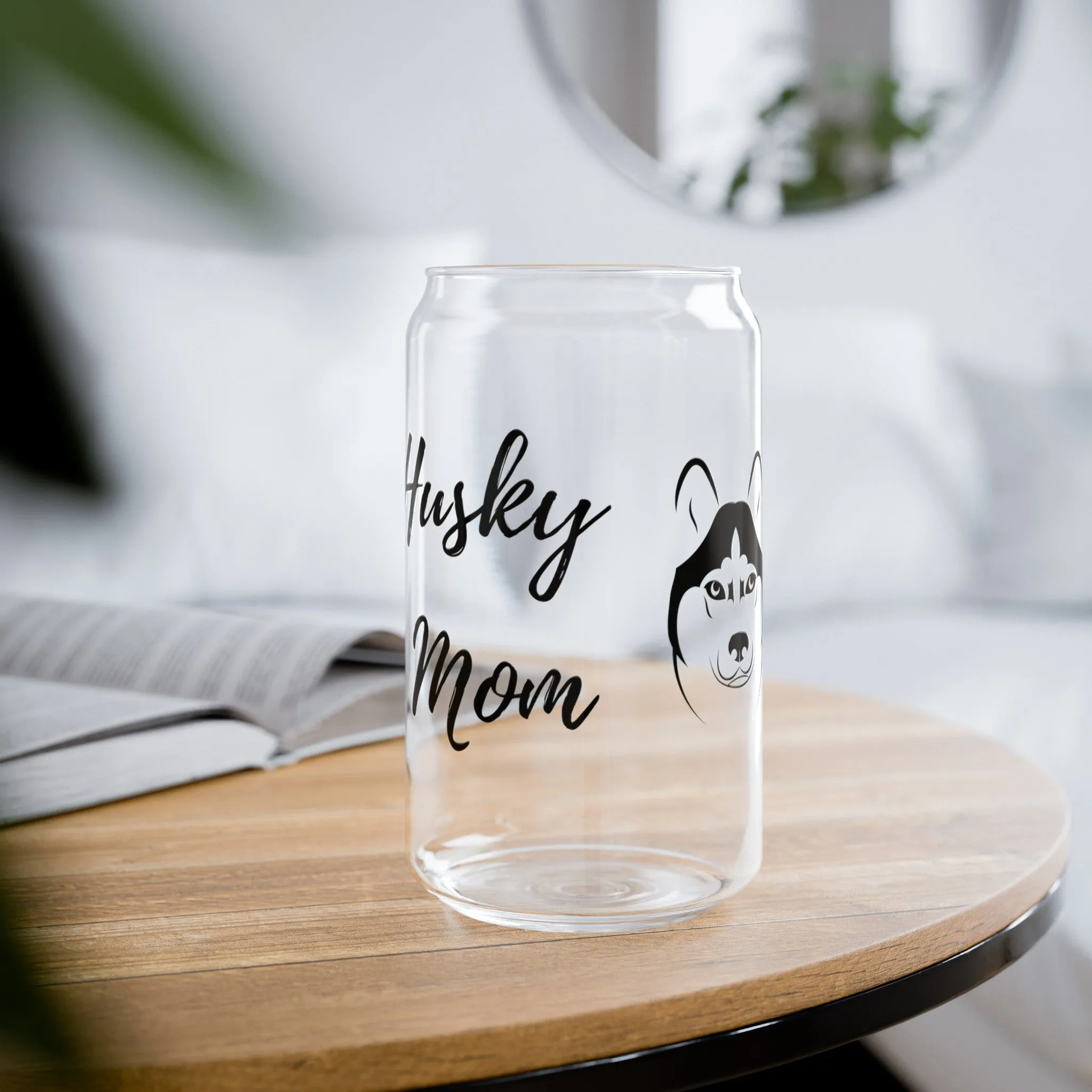 Husky Dog Mom on Glass Tumbler with Lid and Straw 16oz Gift for Dog Lover, Husky Dog Mom, Eco Friendly, Reusable Cup