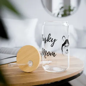 Husky Dog Mom on Glass Tumbler with Lid and Straw 16oz Gift for Dog Lover, Husky Dog Mom, Eco Friendly, Reusable Cup