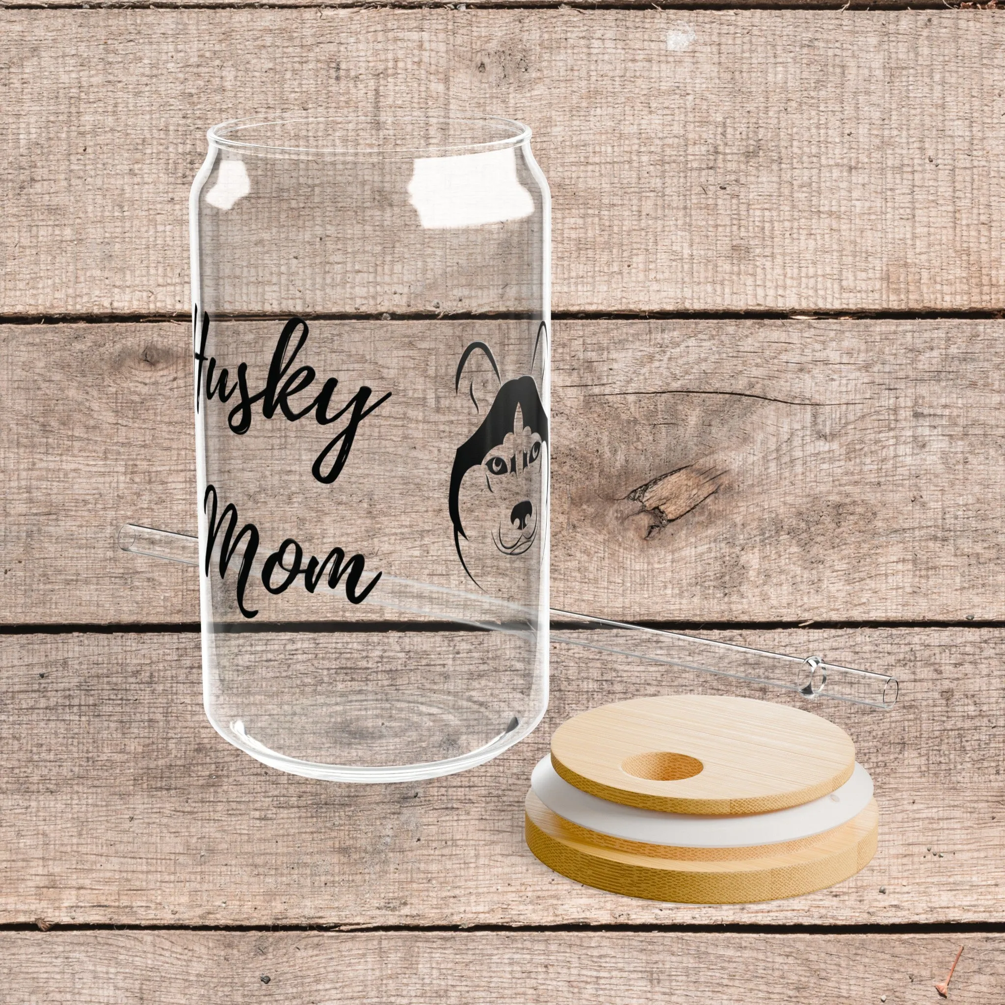 Husky Dog Mom on Glass Tumbler with Lid and Straw 16oz Gift for Dog Lover, Husky Dog Mom, Eco Friendly, Reusable Cup