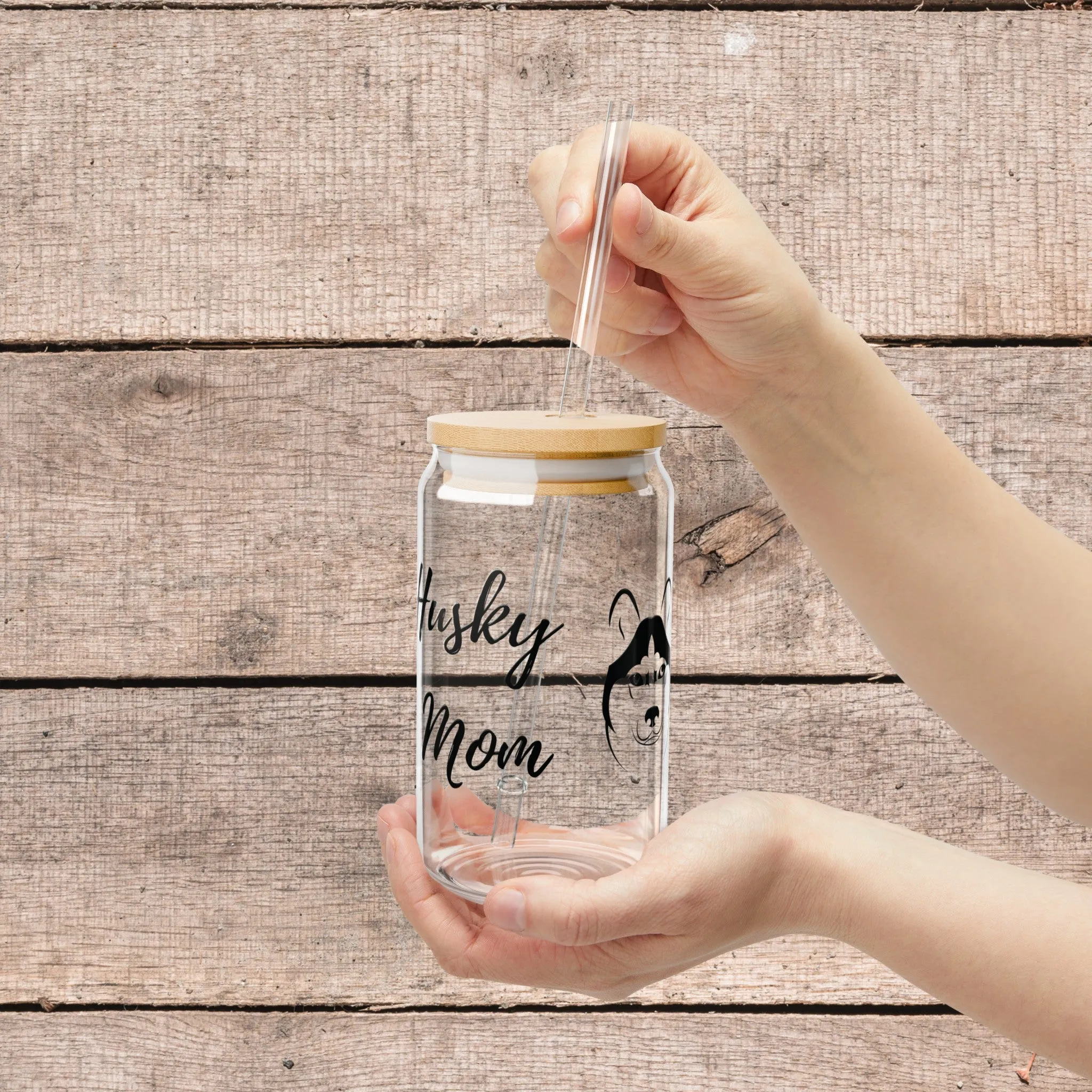 Husky Dog Mom on Glass Tumbler with Lid and Straw 16oz Gift for Dog Lover, Husky Dog Mom, Eco Friendly, Reusable Cup