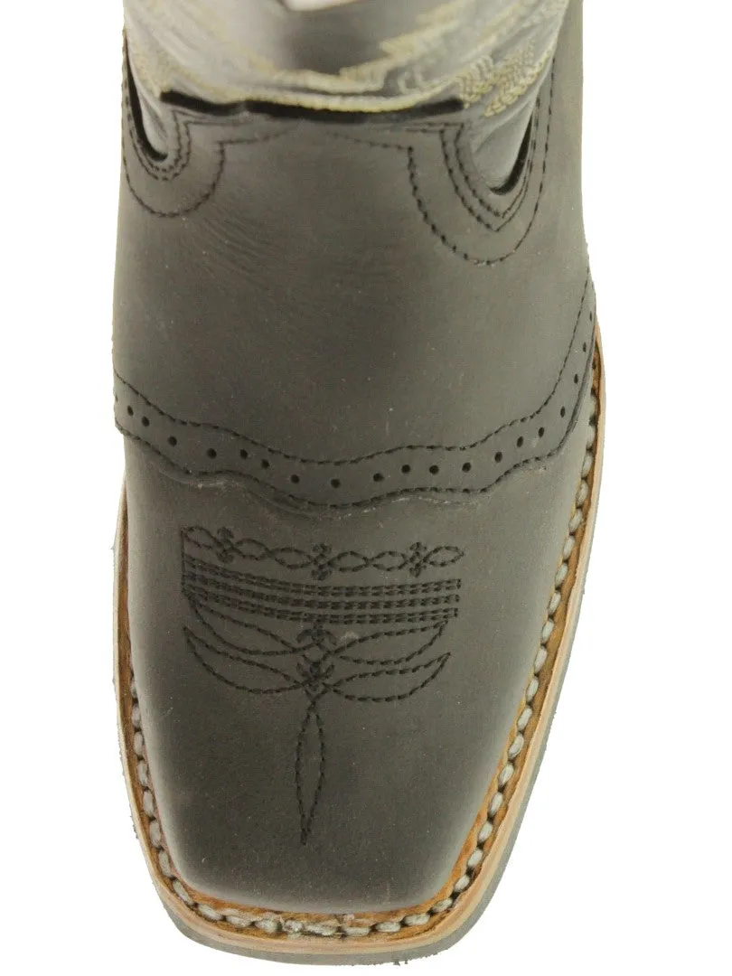 Kids Black Real Leather Western Cowboy Boots - Square Toe