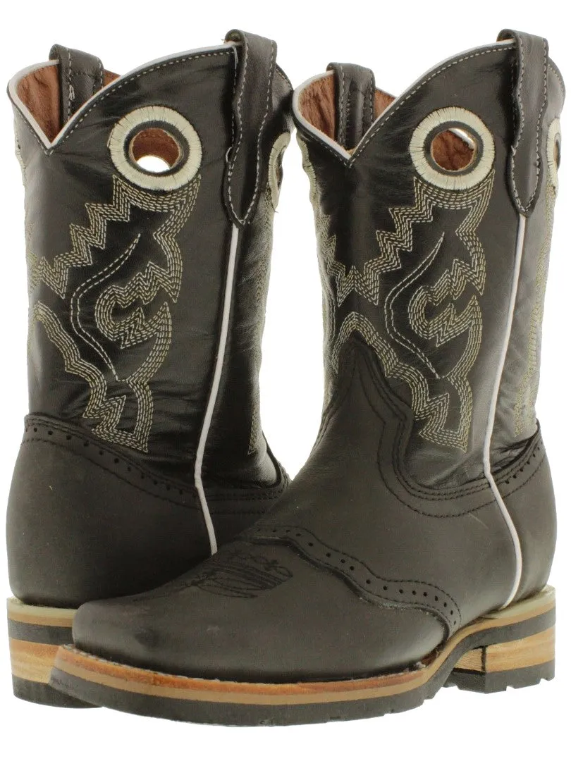Kids Black Real Leather Western Cowboy Boots - Square Toe