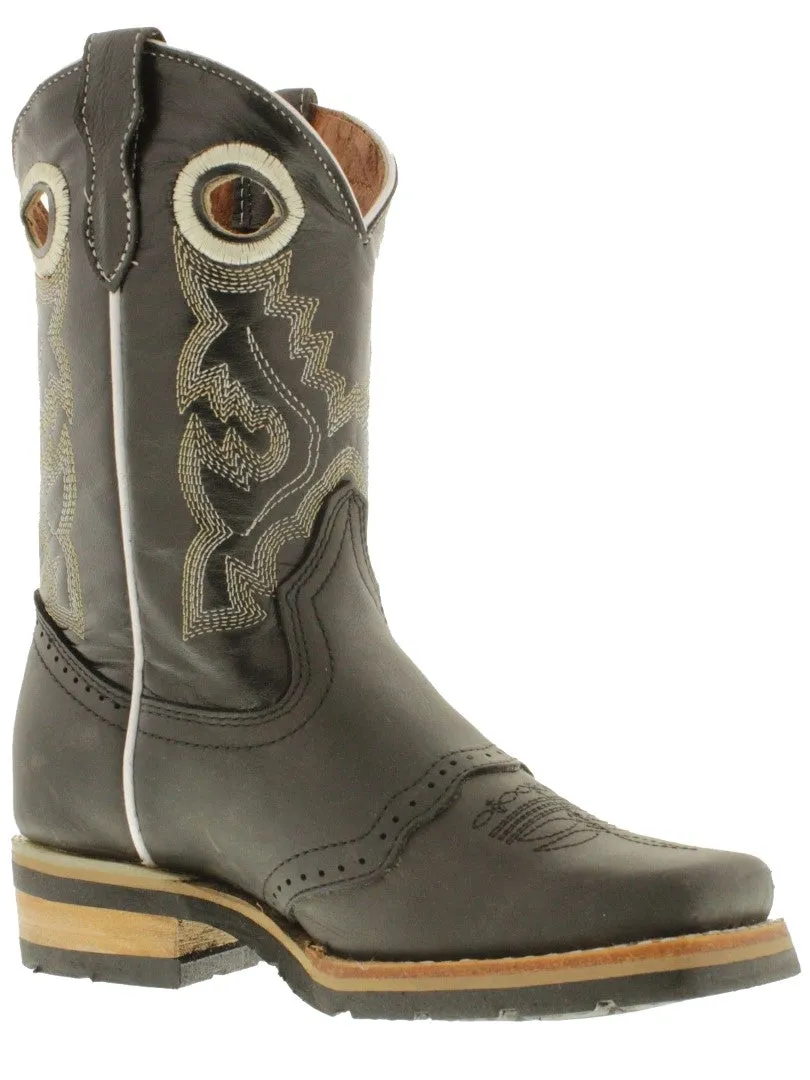Kids Black Real Leather Western Cowboy Boots - Square Toe