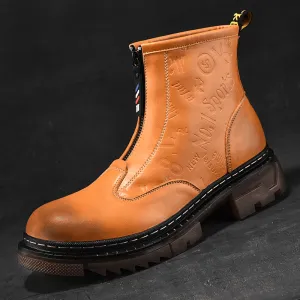 kkboxly kkboxly Men Cowhide Leather Non Slip Soft Sole Front Zipper Tooling Short Boots