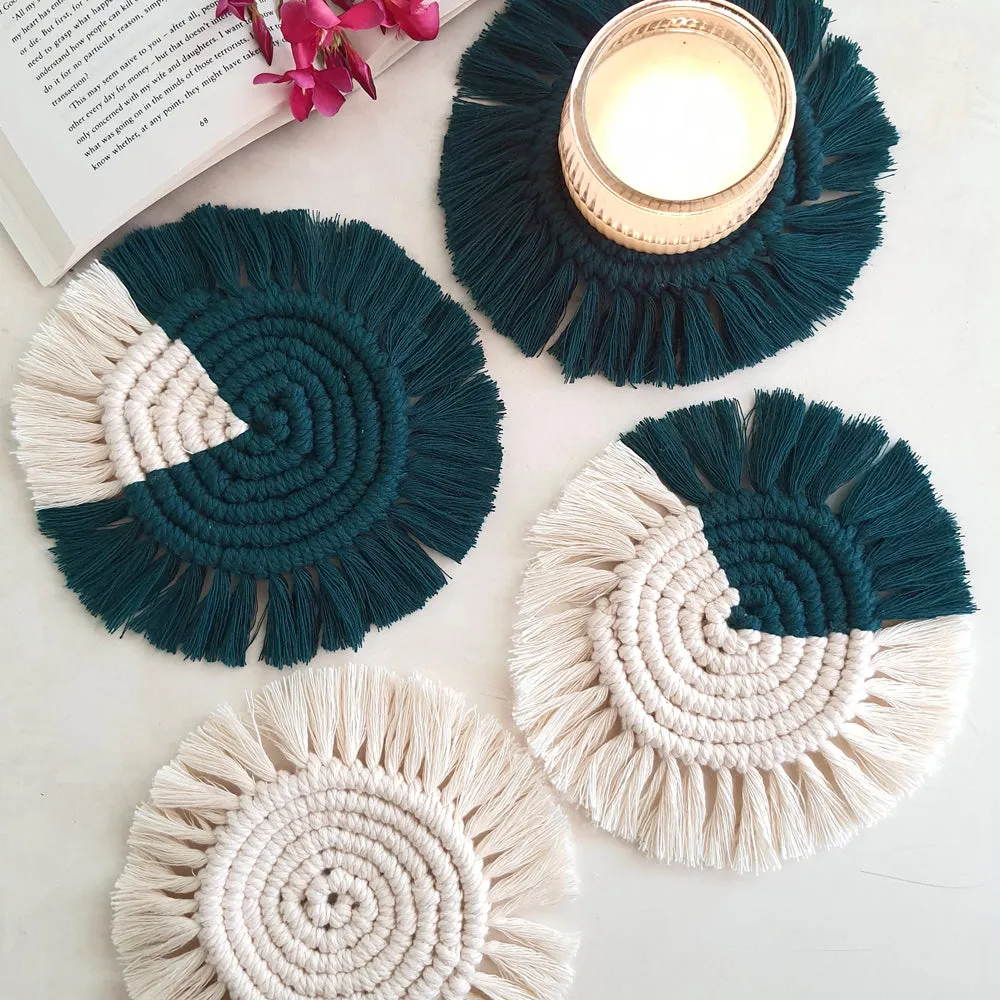 Macramé Round Fringe Coasters - Off White & Forest Green (Set of 4)