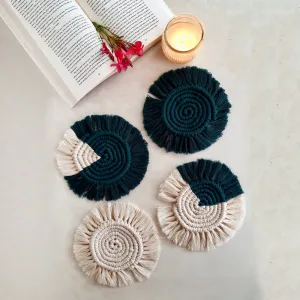 Macramé Round Fringe Coasters - Off White & Forest Green (Set of 4)