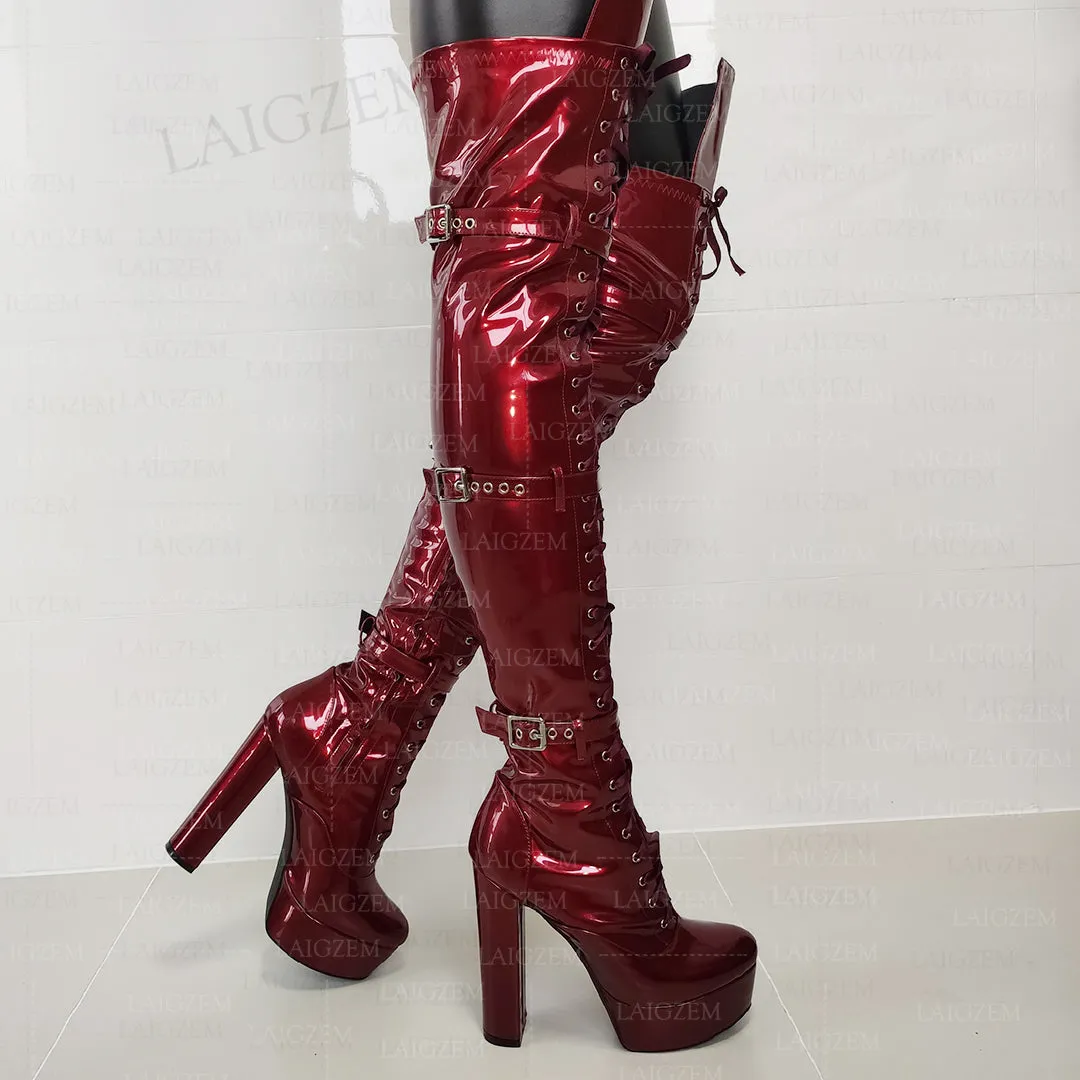 Over Knee High Platform Thick High Heels Buckle Straps Boots