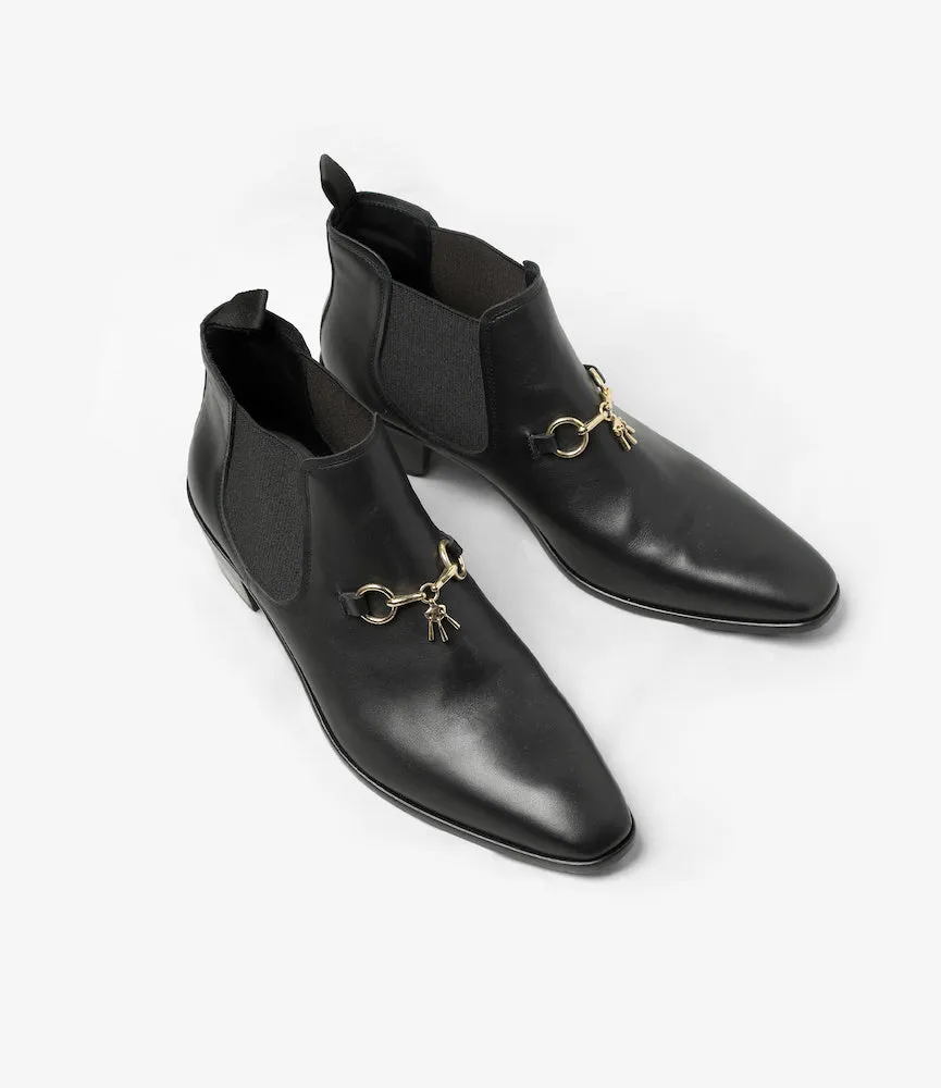 Tassel Bit Heeled Chelsea Boot – Black Leather