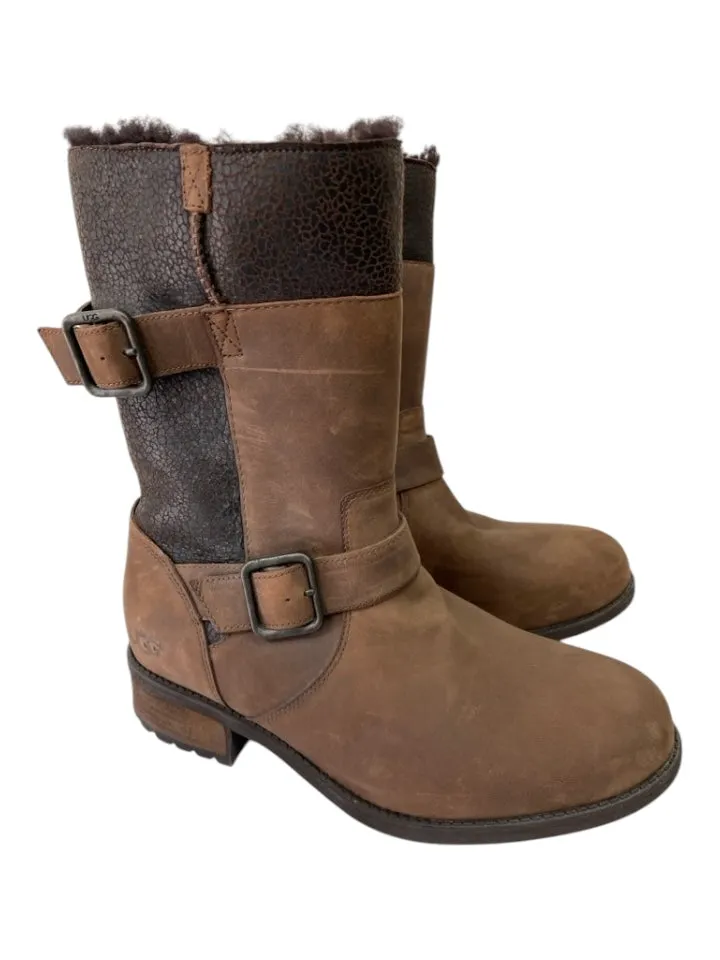 Ugg Shoe Size 9 Brown Leather round toe Shearling Buckles Boots