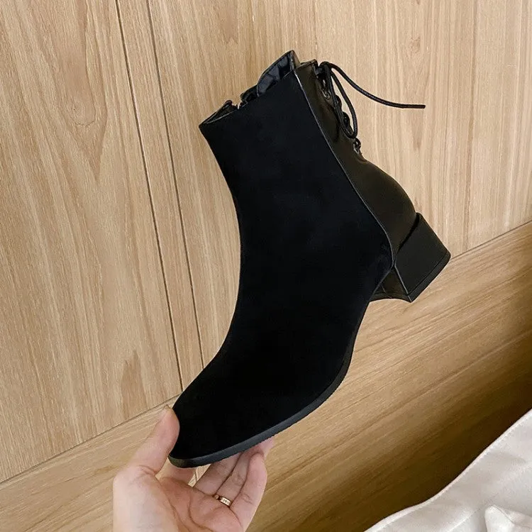 Women's Flock Pu Leather Patchwork Side Zippers Block Heel Short Boots
