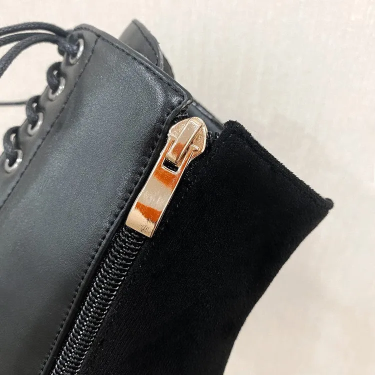 Women's Flock Pu Leather Patchwork Side Zippers Block Heel Short Boots